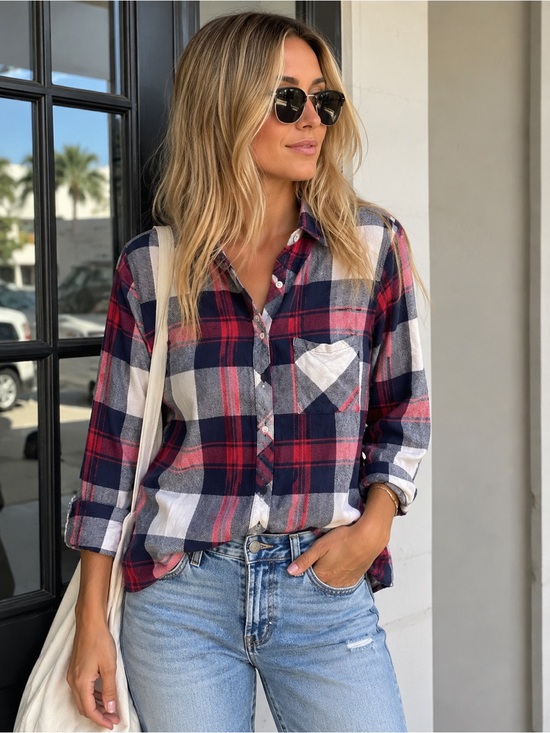 Rails Tops - Rails Plaid Button Down Shirt Small Navy Red White Long Sleeve Flannel